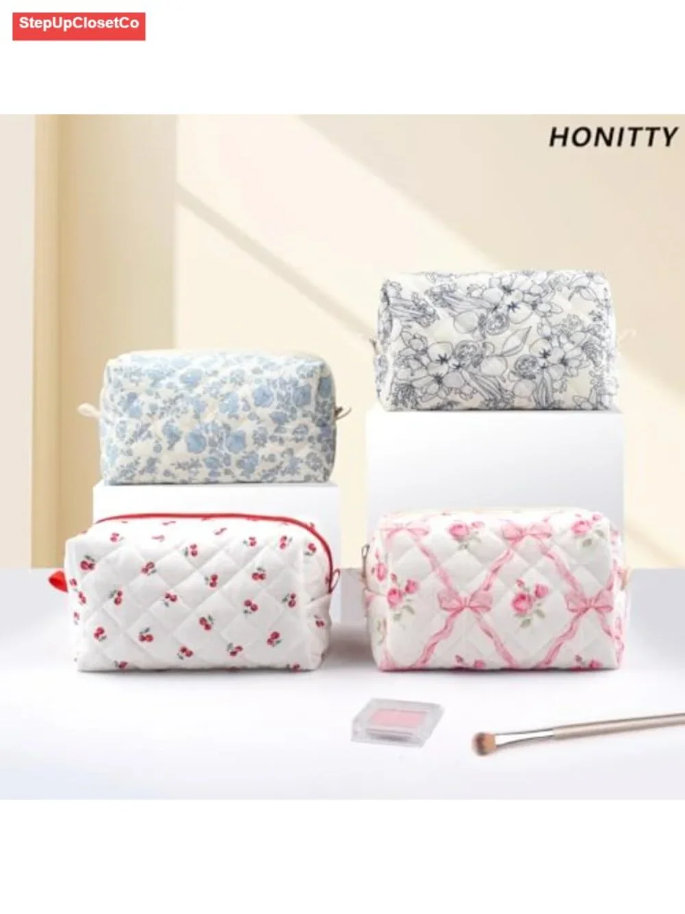 Quilted Makeup Bag Small Travel Floral Cosmetic Pouch Cotton Storage Organizer